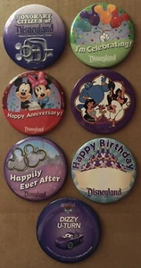 7 Disneyland Souvenir Buttons Pin Citizen Anniversary Aladdin Birthday Cars Land - Picture 1 of 2