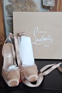 Christian Louboutin Cassia Lace Up 100 Blush Nude Tie Ballet Sandal Heel Pump - Picture 1 of 16