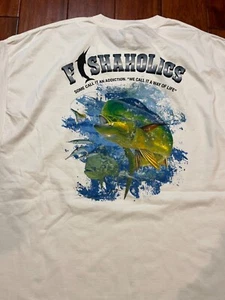 Fishaholics Men’s Fishing T-Shirt White Cotton Graphic Tee - Picture 1 of 8