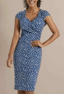 BRAVISSIMO Flo Wrap Dress Blue Printed Midi Dress Evening Formal Smart Work  228 - Picture 1 of 2