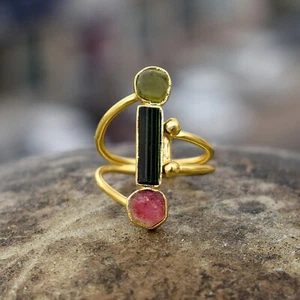 Natural Tourmaline Ruby & Peridot Gemstone Handmade Statement Gold Ring Jewelry - Picture 1 of 16