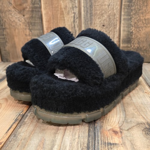 UGG FLUFFITA SANDALO CIABATTA IN LANA PLATEAU TRASPARENTE NERO DONNA US 9