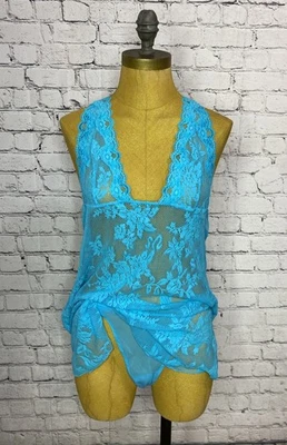 Conjunto de vestido lencería Babydoll de malla de nailon verde azulado Victoria's Secret parte inferior de seda grande Foto 1 de 4