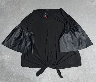 Top Cocomo para mujer 2X negro imitación cuero manga campana corbata frontal boho caprichoso gótico Foto 1 de 4