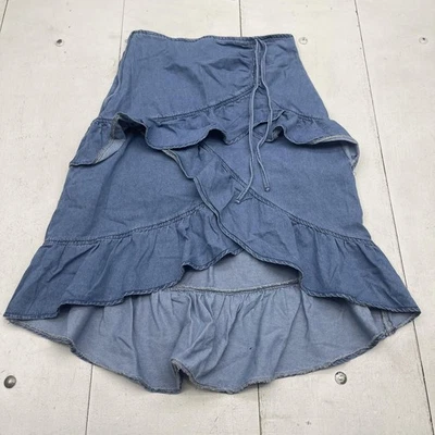 Saia de babado Chambray feminina grande azul alta baixa camada boho assimétrica - Imagem 1 de 4