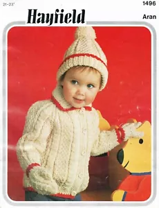 Child Aran Jacket Cap Hat Mittens Size 53-58cm 21-23in Hayfield 1496 - Print - Picture 1 of 2