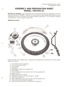 Hoja de servicio/ensamblaje/manual de bicicleta Kawasaki original original KDX450 1982 - Imagen 1 de 1