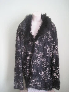 Black Rivet Women's Large Black & Tan Fuzzy Sweater Cardigan with Faux Fur Trim - Picture 1 of 7