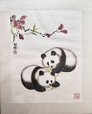 Chinese Panda Bear Watercolor Painting Vintage Signed W Seal