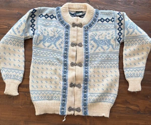 Vintage Dale Of Norway Child Size 10 Wool Cardigan Sweater Nordic Reindeer Blue - Picture 1 of 10