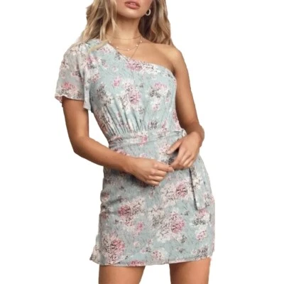 NUEVO CON ETIQUETAS Vestido Lulus Way to Wow Azul Polvoriento Floral Un Hombro Imitación Envoltura GRANDE Foto 1 de 4