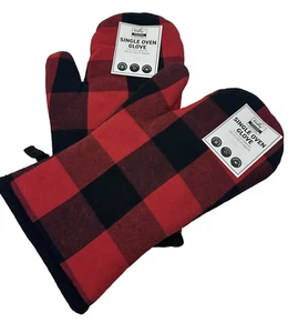 (2) Daily Home Single Oven Glove, Oven Mitt - Checkered Black & Red Print - - Picture 1 of 3