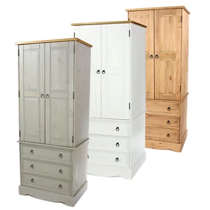 2 Door Wardrobe 3 Drawers Hanging Rail Solid Pine Bedroom Furniture 3 Colours - Picture 1 of 29
