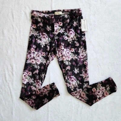 NWT Black Velvet Floral Leggings Large Stretch Velour Ankle Length Cottage Goth - Image 1 of 4