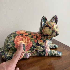 Vintage Big Cat Figurine Ceramic/Porcelain With Flowers Pattern - Picture 1 of 6