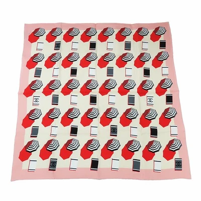 Chanel Seda Cuadrado Bufanda Playa Sombrilla Motivo Rosa Marrón 88cm 33"" Caja Foto 1 de 4