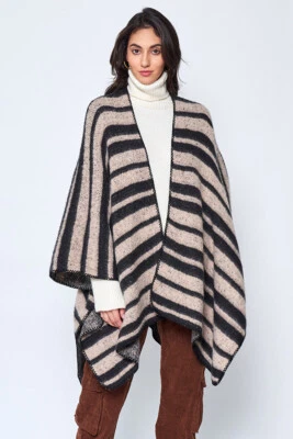 Anthropologie Style Women's Cozy Stripe Two Tone Knit Ruana Cardigan Cape - Imagem 1 de 3
