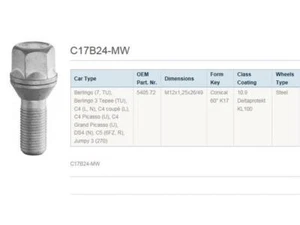 Wheel screw Citroen Berlingo 7 and TU steel rims M12x1.25 OE 5405.72 length 49m - Picture 1 of 6