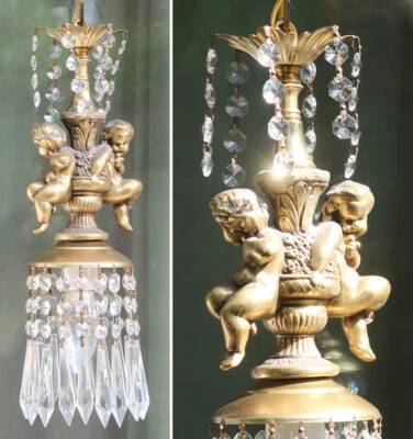 Sale! SWAG double Cherub Lamp Chandelier Vintage spelter brass crystal prisms - Image 1 of 4