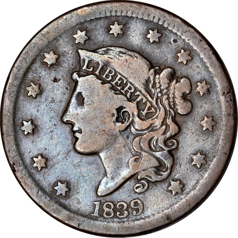 1839 1C Silly Head Coronet Head Large Cent VG K15826 Cover