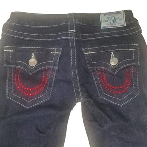TRUE RELIGION Tag 25 (26x34) Dark SKINNY Red Bling FLAP Pocket LOW Rise Jeans - Picture 1 of 10
