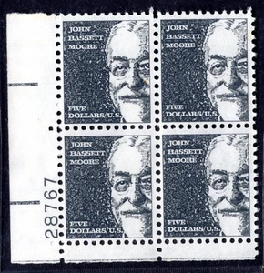 US 1966 JOHN MOOR $5.00 SC. #1295 PLATE # BLOCK OF 4 MINT NEVER HINGED VF - Picture 1 of 2