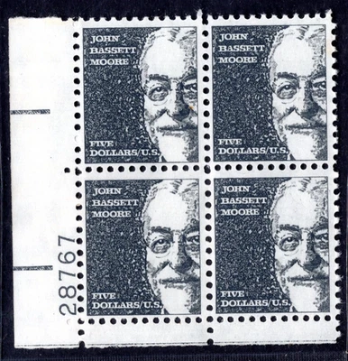 US 1966 JOHN MOOR $5.00 SC. #1295 PLATE # BLOCK OF 4 MINT NEVER HINGED VF - Image 1 of 2