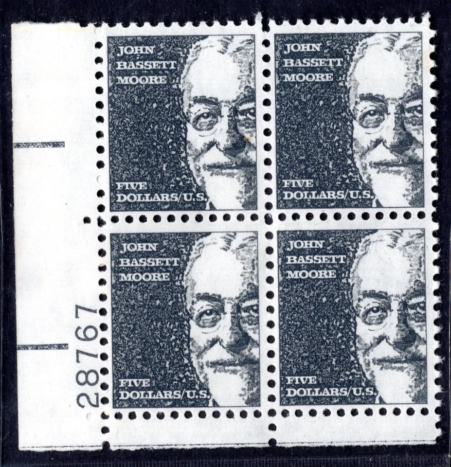 US 1966 JOHN MOOR $5.00 SC. #1295 PLATE # BLOCK OF 4 MINT NEVER HINGED VF - Image 1 of 2
