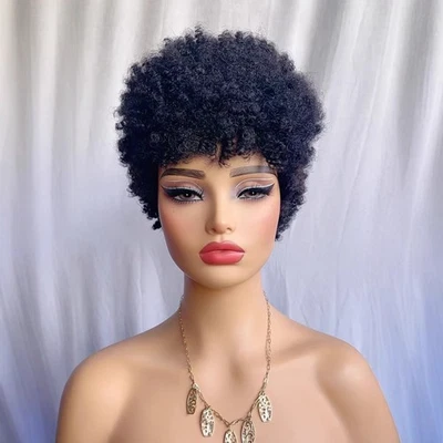 Короткие черные афро кудрявые парики Pixie Cut с челкой без шнурков - Изображение 1 из 4