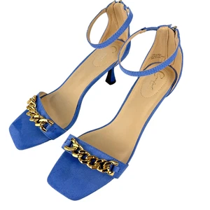 Comfort Est. 1946 Royal Blue Gold Chain Ankle Strap 3in Heel Sandals 11W Dressy - Picture 1 of 9
