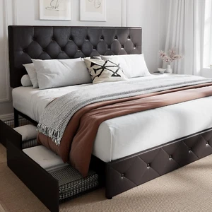 Upholstered King Size Platform Bed Frame with 4 Storage Drawers, Adjustable Head - Picture 1 of 8