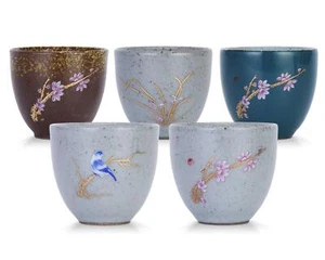 Set of 5 Hand-Drawn Traditional Chinese Ceramic Teacup Tea Cups Floral and Bi... - Picture 1 of 5