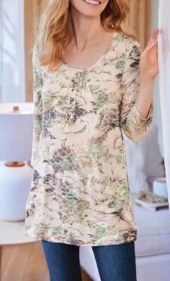 Soft Surroundings 衬衫女式 1X 花卉 Peyton 大圆领 3/4 袖弹力二手状况完好 — 第 1/4 张图片