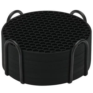 Set of 8 Silicone Drink Coasters with Holder Non Stick Cup Mat for Table Desk - Picture 1 of 6