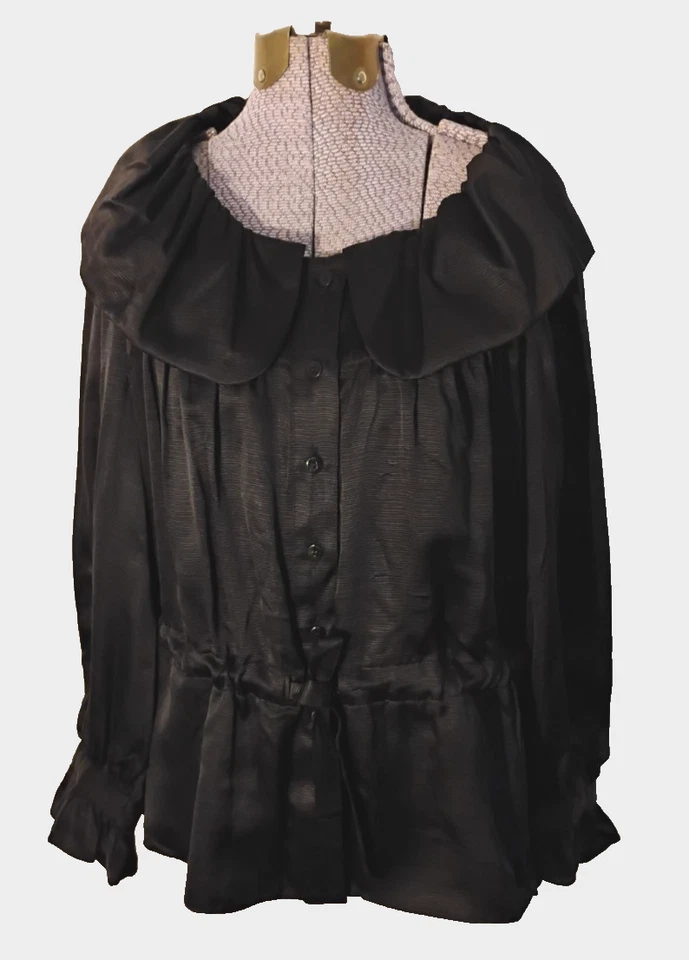 Ellen Tracy Silk Black Blouse Women's Lrg Collar Coquette Tie Waist Peplum 8/10 - Image 1 of 4