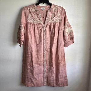 Top tunica lino rosa polvere Sundance taglia grande pullover ricamato manica 3/4 - Foto 1 di 9