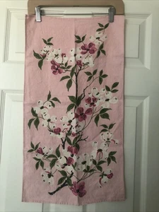 Asciugamano da tè vintage in lino rosa 14” x 26” bianco e rosa fiori ramo albero - Foto 1 di 10