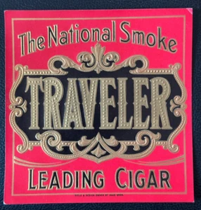 Antigua etiqueta de caja exterior "TRAVELER" The National Smoke Leading cigarro en relieve - Imagen 1 de 3