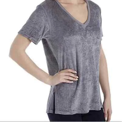 Anthropologie Michael Stars Gray Silver Crushed Velvet-Slouchy-V Neck Tee Large - Image 1 of 4