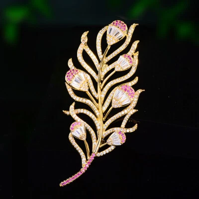 Broche prendedor pluma flor circonita cúbica transparente rosa brillante/verde Foto 1 de 4