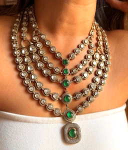 Sabyasachi inspired 6 layered emerald polki necklace bridal haar green long neck - Picture 1 of 6
