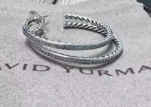 David Yurman Diamond Hoop Sterling Silver 925 Medium 38mm Pave Earrings 18k Post - Picture 1 of 4