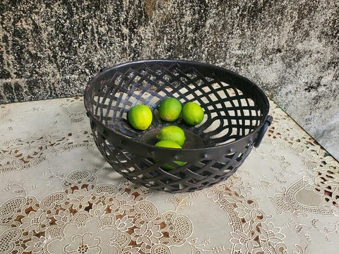 Late Century Black Iron Lattice Woven Basket Bowl Cover