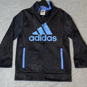 Adidas Youth Full Zip Track Jacket LS Fleece Lined Black Blue Size 7 - Picture 1 of 8