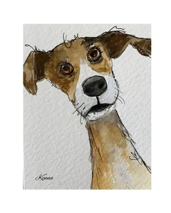 Aceo By Kenna 2.5” X 3.5” Dog Painting Original Signed Watercolour & Ink - Picture 1 of 4