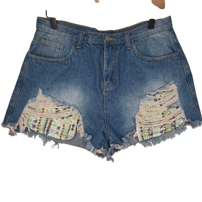 Hayden Los Angeles Distressed Colorful Sequins Pocket Jean Shorts Size Large - Image 1 of 4