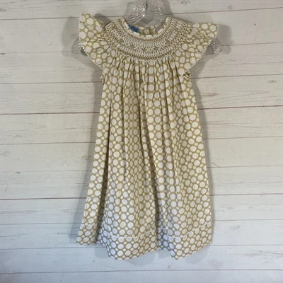 Anavini Girls Hand Smocked Dress Sz 4 100% Cotton Beige/White Dot Print - Image 1 of 4