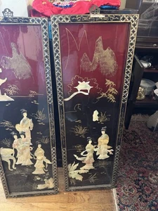 Asiatische Wandtafeln Perlmutt auf lackiertem Holz 12x36 - Bild 1 von 2