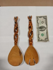 Paar handgeschnitzte kenianische gefleckte Giraffe Holz Salatzange Kenia - Bild 1 von 13