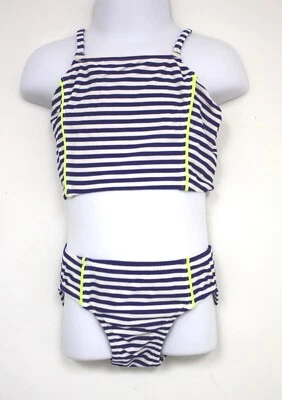 J Crew Crewcuts Girls Bathing Swim Suit Blue Striped Tankini 2 Piece UPF 50+ - Image 1 of 3